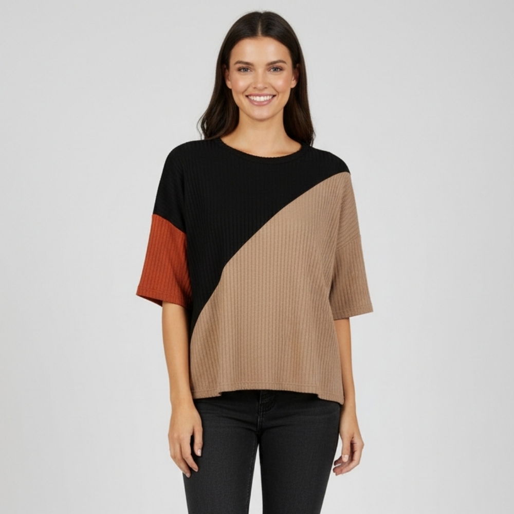SHEIN Colorblock Ribbed Knit Boxy T-Shirt | Size S